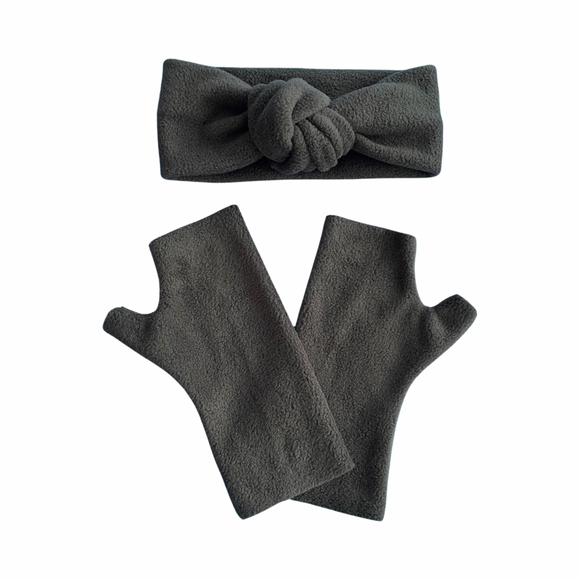 Black fingerless gloves and ear warmer set for women