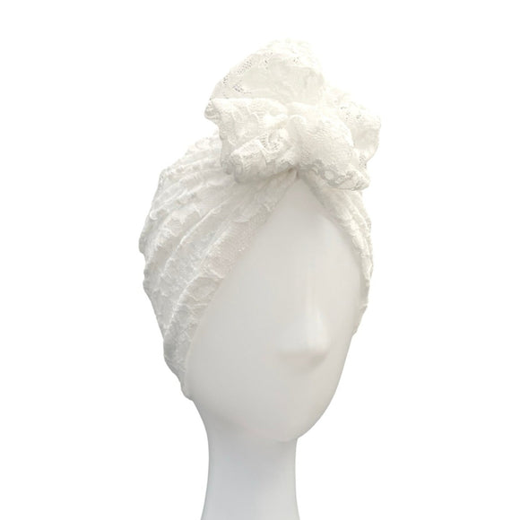 White Lace Rose Turban Hat for Women 
