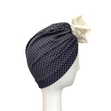 Navy Blue Dotted Large Bow SPF 50 UV Protection Head Wrap