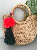 Bright Pink Pom Pom Dark Green Tassel Bag Charm