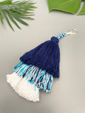 Handmade Blue and White Tiered Tassel Keychain for Beach Bag