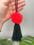 Bright Pink Pom Pom Dark Green Tassel Bag Charm