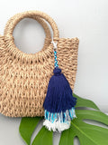 Handmade Blue and White Tiered Tassel Keychain for Beach Bag