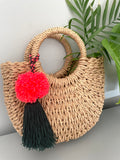 Bright Pink Pom Pom Dark Green Tassel Bag Charm