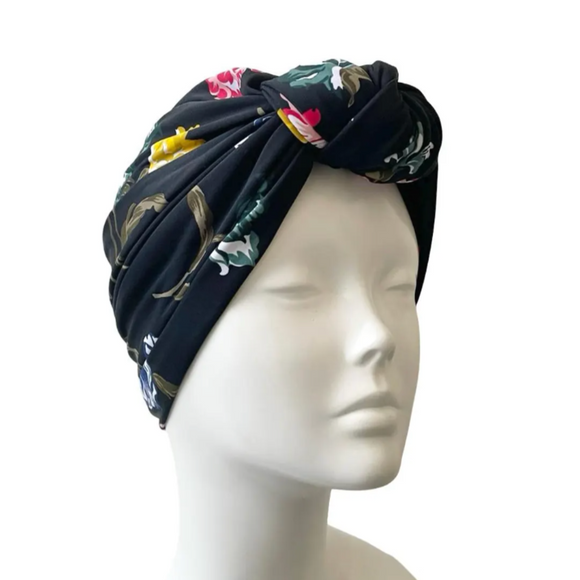 Black Floral Vintage Style Turban Hat