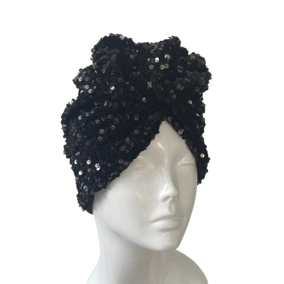 Black Velvet Sequin Twisted Turban