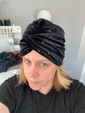 Silver Studded Black Velvet Twisted Turban Hat