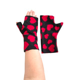 Black fingerless arm warmers with red hearts