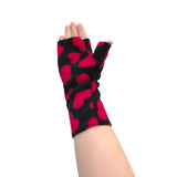 Black fingerless arm warmers with red hearts