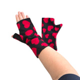 Black fingerless arm warmers with red hearts