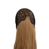 Black lace headband on a blonde wig with a white background