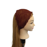 Brown lace headband on a mannequin head with long brown hair against a white background