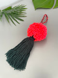 Bright Pink Pom Pom Dark Green Tassel Bag Charm