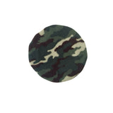 Camouflage-patterned round object on a white background