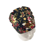 Christmas-themed headscarf on a mannequin head against a white background