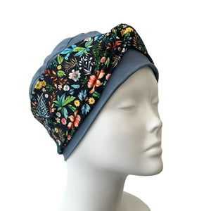 Dusky Blue Bamboo Seamless Jersey Turban Beanie Hat with Detachable Headband