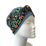Dusky Blue Bamboo Seamless Jersey Turban Beanie Hat with Detachable Headband