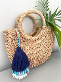 Handmade Blue and White Tiered Tassel Keychain for Beach Bag