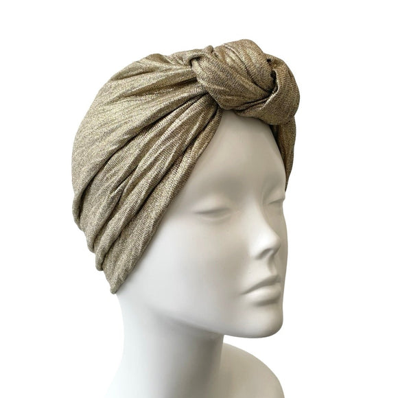 Golden Metallic Knit Jersey Front Knot Turban Hat