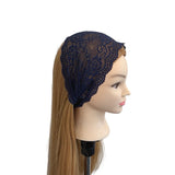 Navy lace headband on a mannequin head with long blonde hair against a white background