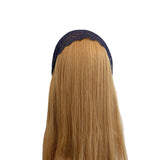 Long blonde wig with a dark headband on a white background