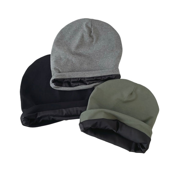 Three reversible beanies in black, gray, and green on a white background