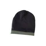 Black beanie with green rim on a white background