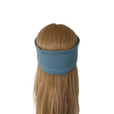 A long blonde wig with a wide, solid dusty blue headband, shown from the back on a mannequin head against a plain white background.