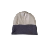 Two-tone beanie with gray top and navy bottom on a white background