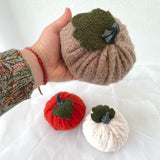 Hand holding a brown knitted pumpkin with two other pumpkins (red and white) on a white background.