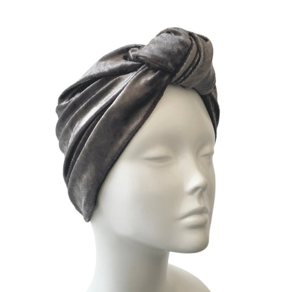 Silver Grey Front Knot Full Velvet Turban Hat for Women