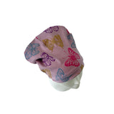 Pink headscarf with colorful butterfly patterns on a white background