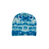 Blue tie-dye beanie on a white background