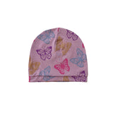 Pink beanie with butterfly patterns on a white background