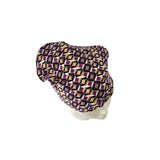 Patterned headscarf on a mannequin head against a white background