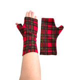 Soft red tartan fingerless wrist warmer gloves