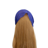Blue lace headband on a mannequin head with long blonde hair against a white background