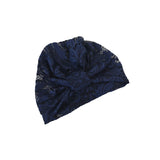 Navy blue lace headband on a white background