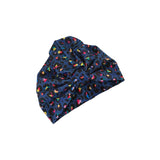 Navy blue headscarf with colorful pattern on a white background