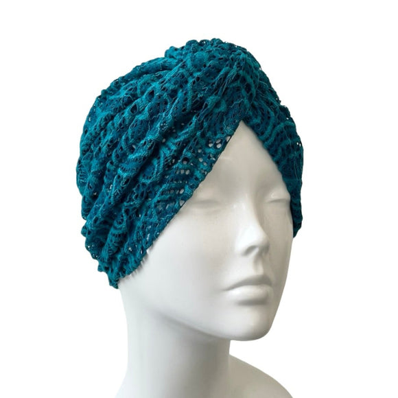 Teal Blue Lace Turban Hat Head Wrap Covering