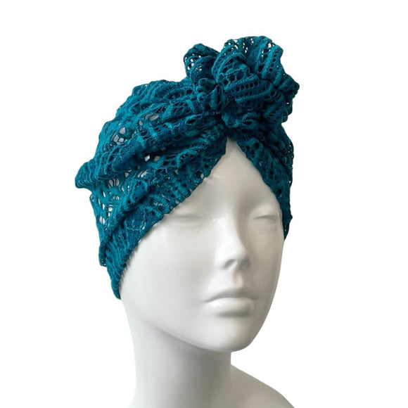 Teal Blue Soft Lace Rosette Turban Hat