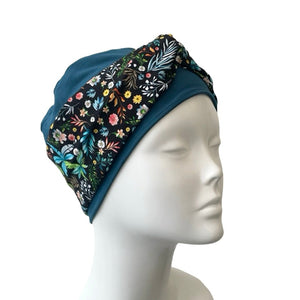 Teal Blue Soft Seamless Bamboo Turban Beanie Hat with Detachable Floral Headband