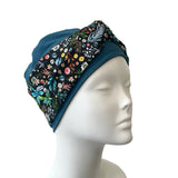 Teal Blue Soft Seamless Bamboo Turban Beanie Hat with Detachable Floral Headband