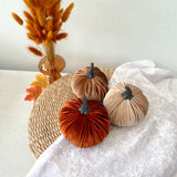 Three decorative pumpkins in brown, beige, and orange on a white surface with a woven basket and dried flowers in the background.