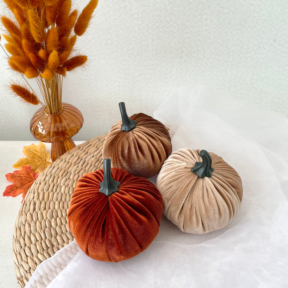 Decorative pumpkins and a woven basket on a white surface with a neutral background