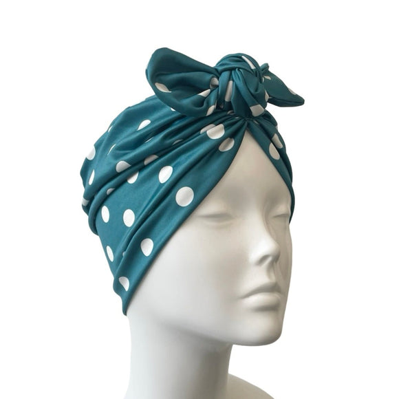 Vintage Style Teal Polka Dot Bow Turban