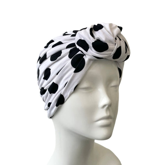 White Dotted Vintage Style Front Knot Turban