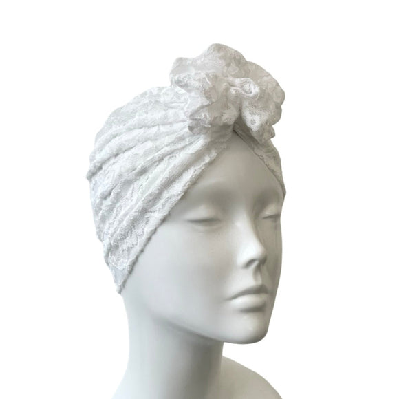 White Lace Rose Turban Hat for Women