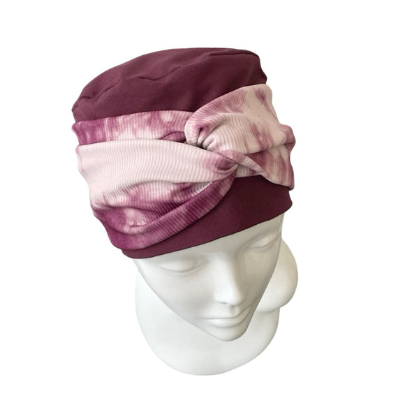 Wine Red Turban Beanie Hat with Tie Dye Headband 