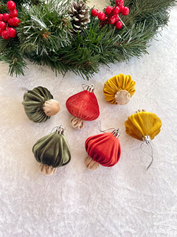 Woodland Velvet Mushroom Christmas Tree Ornaments Set of 6